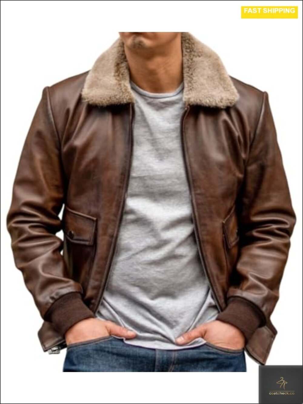 Genuine Leather Aviator Jacket Men's Fur Collar Bomber Flight Coat Winter